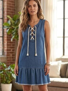 Aria Blue Denim Nautical Dress SMALL Sleeveless Knee Length Boat Rope Tie NWOT